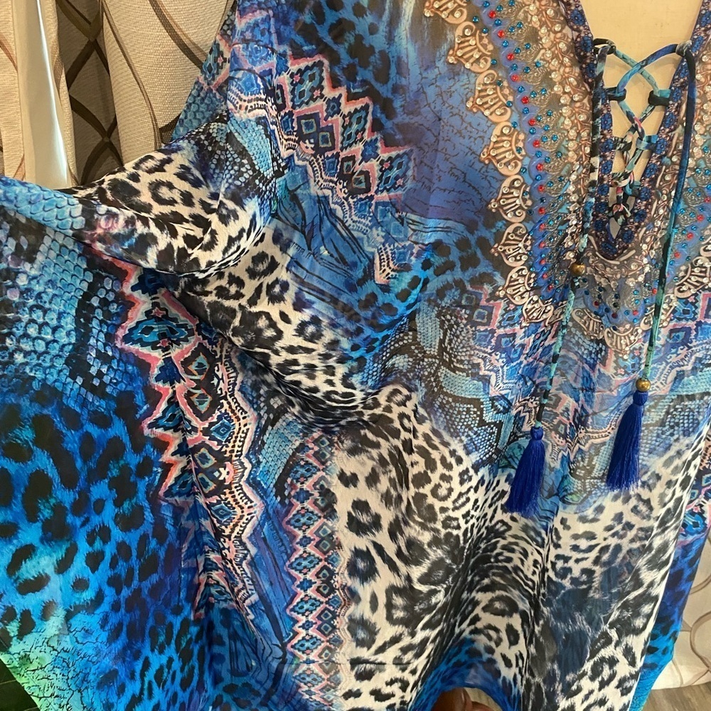 NWT True Colours by La Moda Blue Cat Maxi Swim Cover Up Caftan Dress One SZ - Picture 6 of 10